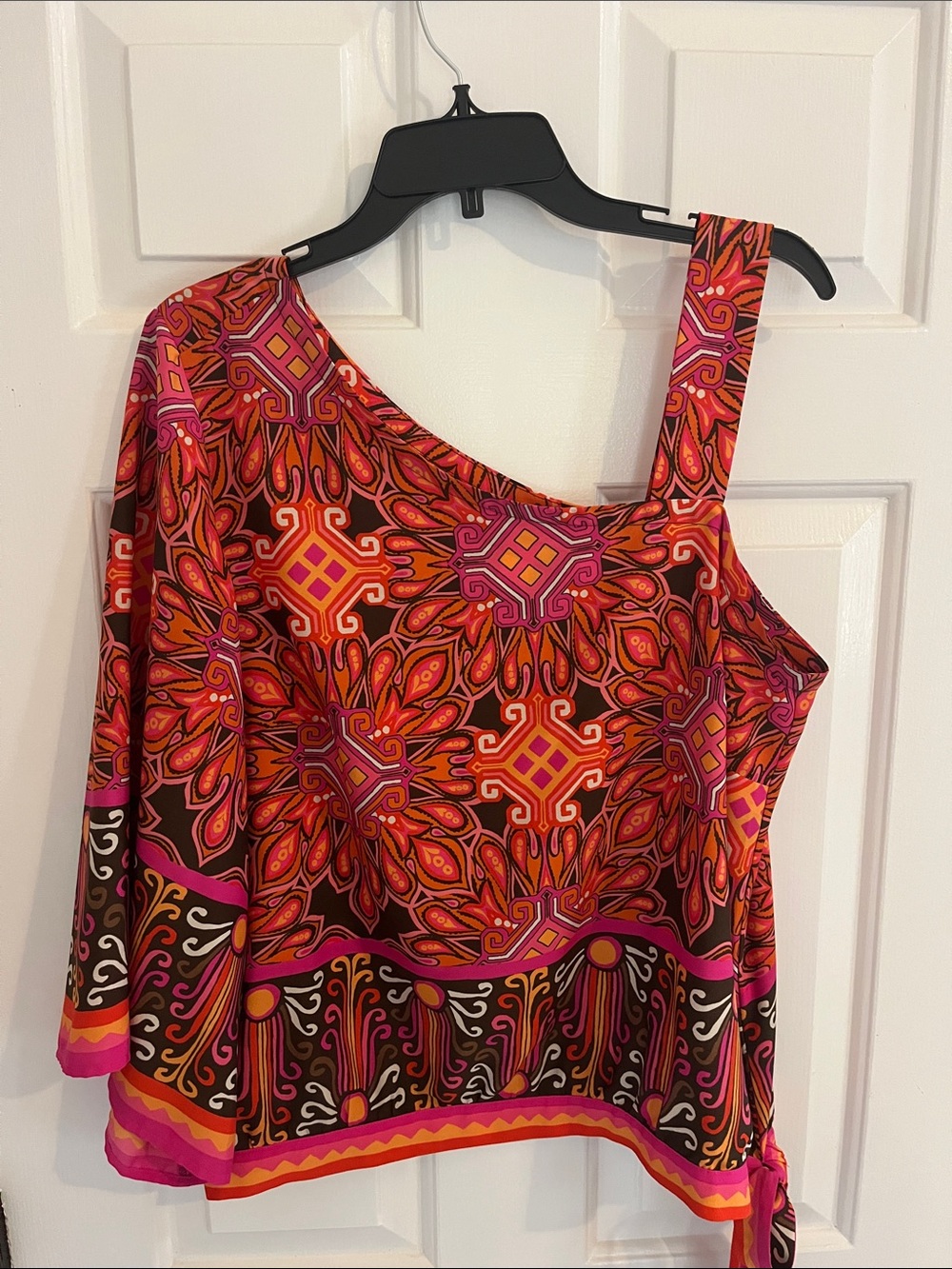 Chico's One-Shoulder Floral-Geometric Top in Pink & Orange